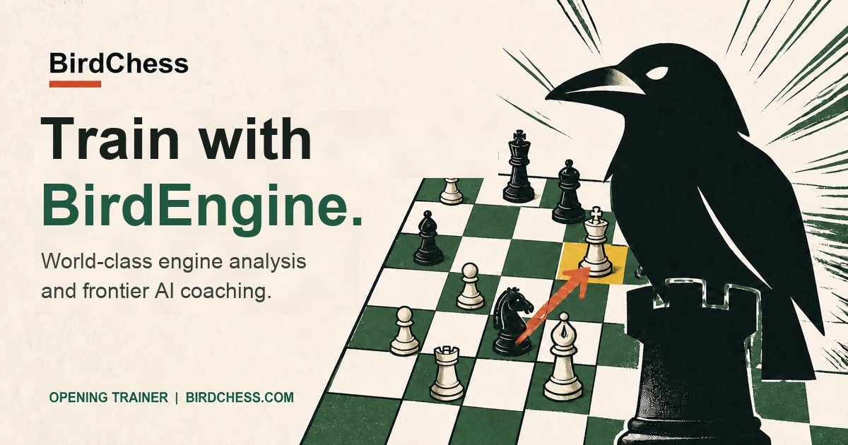 BirdChess rook-bird overlooking a tactical chess position.